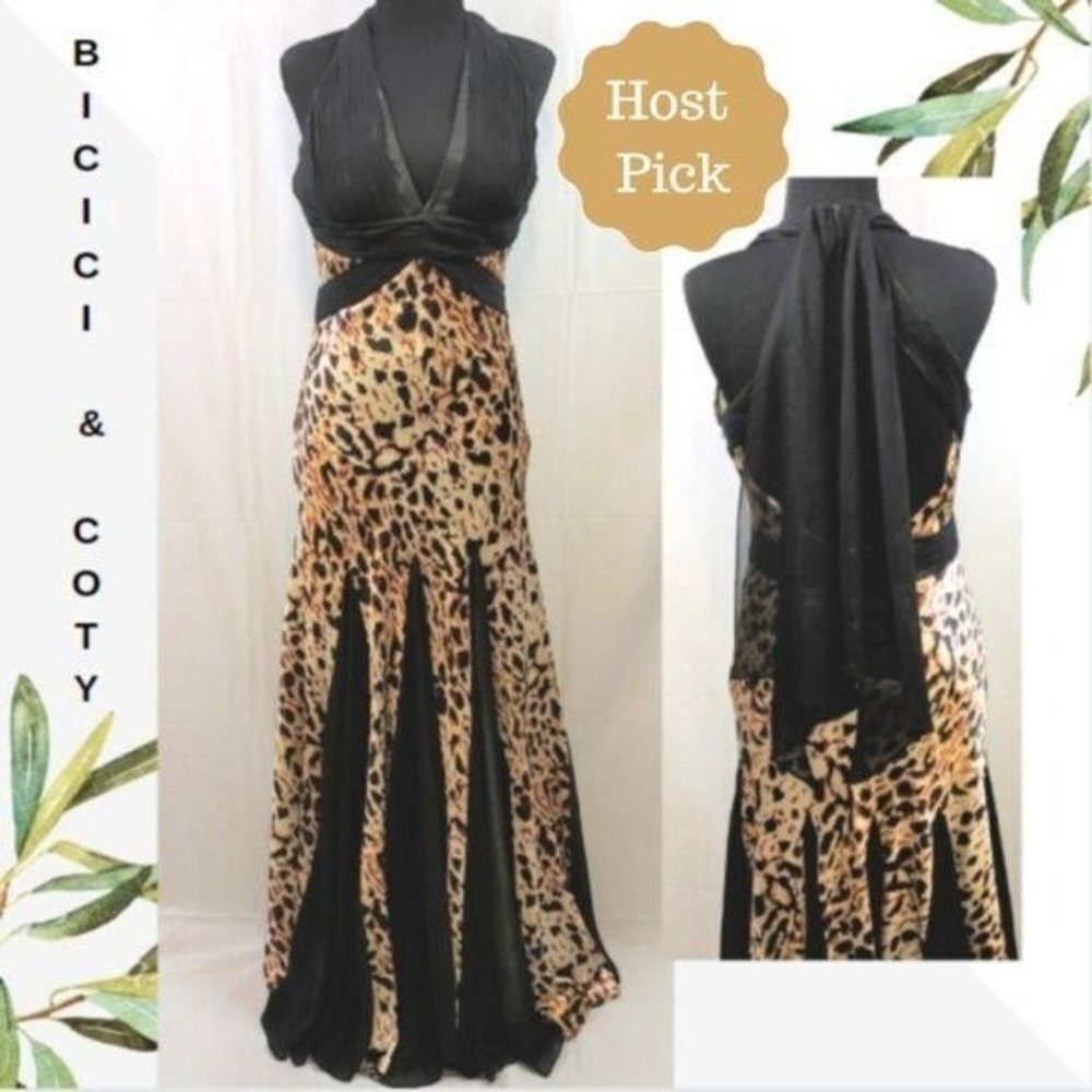 Bicici‎ & Coty Privilege Leopard Print Halter Maxi Gown Black Gold Medium